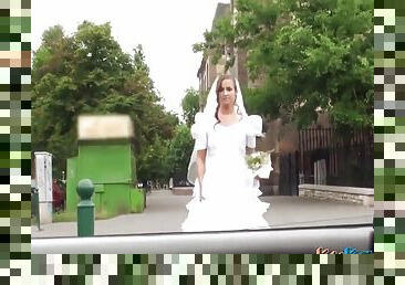 Sexy girl in a wedding dress playing with a stranger's cock in the car