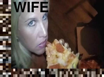 Pizza delivery guy feeds my wife some cum