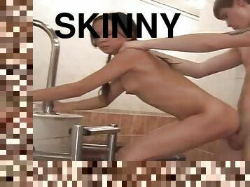 Skinny little bikini girl takes a big cock