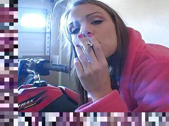 Addison Crush smokes cigarette in garage