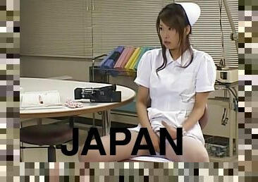 Beautiful Japanese nurse Emiri Aoi spreads her legs to masturbate