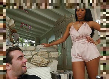 Pretty Ebony pornstar Jenna Foxx drops on her knees for a white dick