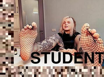 Student Dominates Her Teacher Mr.brand By Her Feet In Fishnets Humiliating And Laughing At Him Pov