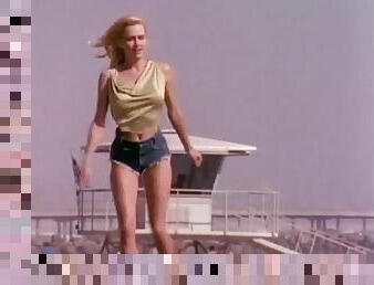 Vintage blonde Karen Foster poses for the cam in her denim shorts