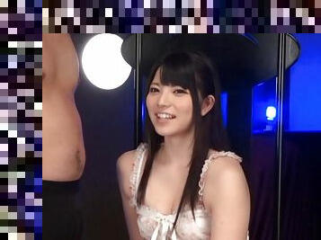 Cute Asian girl Ai Uehara drops on her knees to suck a dick