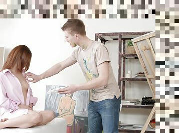 Aroused teen fucked by her boyfriend during a naughty painting lesson