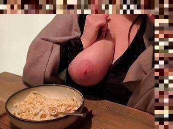 Big natural boobs in a restaurant