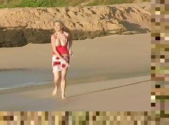 Curvy Alison Angel shows her boobs on a beach