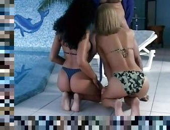 Bikini clad best friends take turns on a big boner hardcore