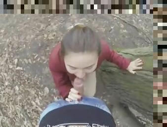 Cute brunette gives a POV blowjob in the park