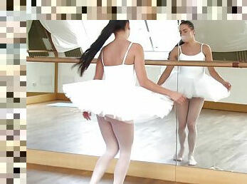 Beautiful ballerina called Evelyn pushes the fingers into her slit