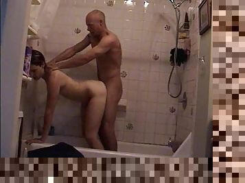 Couple in the shower washing and fucking