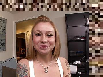 Cute teen with tattoos enjoys a hard blowjob with a huge dick