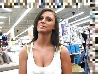 Teen brunette shows her big natural tits in public