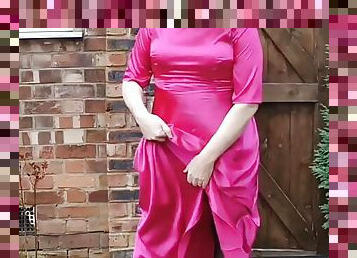 Hot sissy crossdresser outdoors in full length hot pink satin