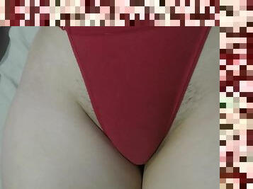 She Lays In Her Tight Red Panties On Her Puffy Pussy And I Squeeze Her Hairy Cameltoe Until She Takes Her Panties Off