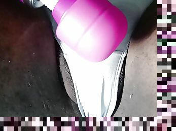 Using vibrator on cock in panties