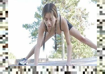 Teen Shyla in Sport Clothes Outdoors and Spreading