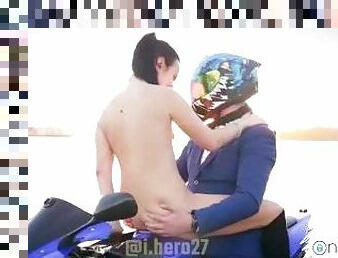 Naked Teen Having Fun On Sports Bike Yamaha R1 And Teaching Guy How To Sit On Bike As Passanger