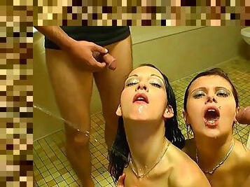 Piss swallowing babes in the urine bucket