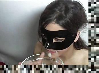 Whore mask takes sperm shots in her dirty mouth