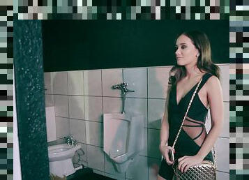 Gia Paige hooks up with stunning Demi Lopez for a shag in a restroom