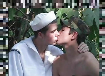 Cute military twinks strip and stroke dick