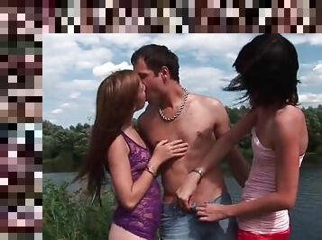 Naked small tits teens suck his dick in the park