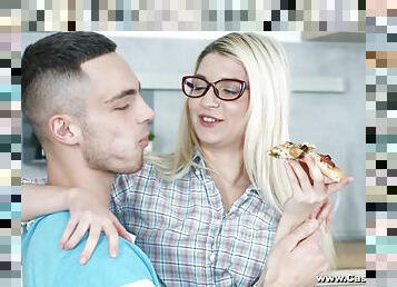 Sweet blonde Cornelia enjoys pussy licking by her boyfriend in the kitchen