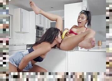 Fit lesbian babes Maya Bijou and Vienna Black in their morning routine