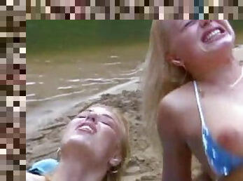 Blonde babe nearly drowned and fucks with her saviors