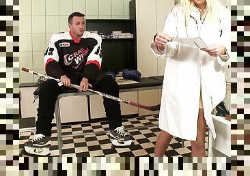 Slutty blonde doctor gets fucked hardcore by a hockey player