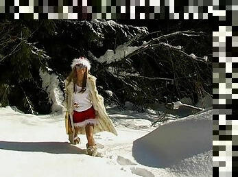 Amazing teen in a christmas mood masturbates warmly in this solo outdoors clip