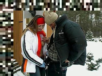 Amazing chick blowing a guy's dick in the snow outdoors