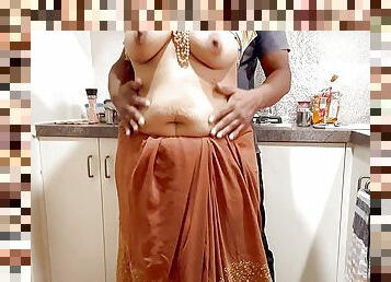 Indian Couple Romance in the Kitchen - Saree Sex - Saree lifted up, Ass Spanked Boobs Press