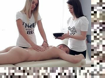 Hottest massage scene ever with two girls rubbing him