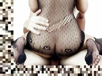 Thai slut cowgirl ride cock in fishnet tight dress cum on body