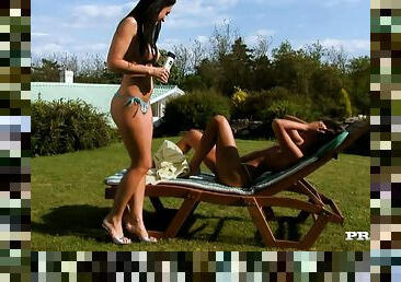 Three delightful brunette babes have lesbian sex outdoors