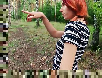 Outdoors video of redhead Elin sucking a fat dick in the woods