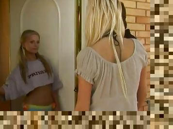 Blonde cuties Angie Love and Liliane Tiger share a cock indoors