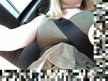 Busty horny teen rubbing her hot wet pussy in the car