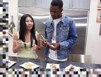 Hardcore interracial fucking in the kitchen with Asian Cindy Starfall