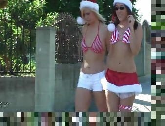 Hotties in Christmas outfits walk to the car