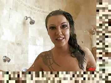 Brunette with natural tits gets fucked hard in the shower
