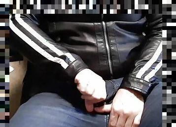 Gay jerk off in leather biker jacket
