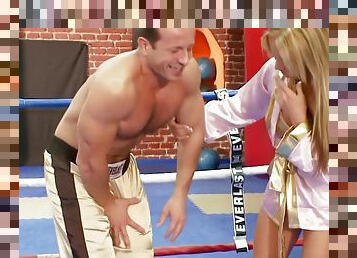 Hot and sexy blonde slut sucks a hard cock so good from the boxing ring before letting him fuck her pussy in many positions