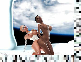 Female sex android plays with a sexy ebony in the space station