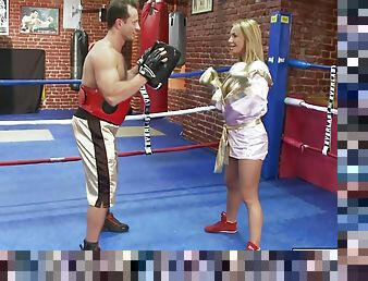 Francesca Felucci taking a boxing lesson, and after a low blow she has to suck his big dick to make him feel better George Uhl
