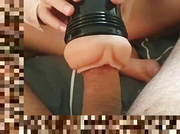 Giving my husband a Fleshlight handjob with cumshot