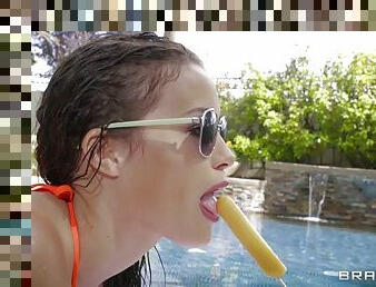 Shameless slut rides a big juicy cock by the pool